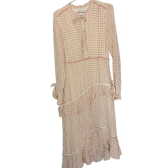DEREK LAM 10 Crosby Cream Red Tiered Windowpane Asymmetrical Ruffle Dress Size 8 - Picture 3 of 14